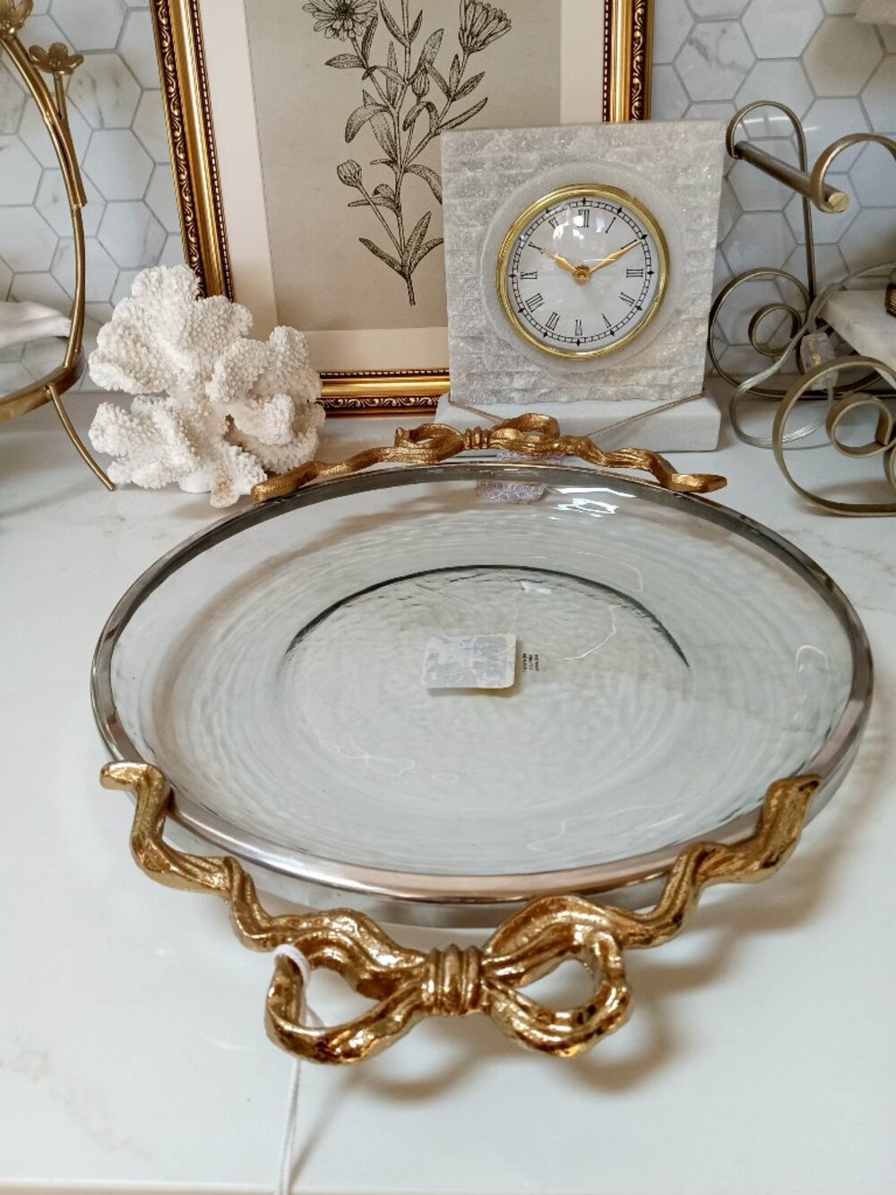 NEW! EXQUISITE CAST METAL & GLASS RIBBONS BOWS Shallow BOWL